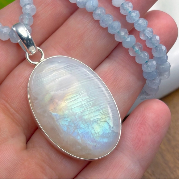 Sterling Silver 925 Rainbow Moonstone Pendant Blue Necklace Boho Southwest - Picture 5 of 11
